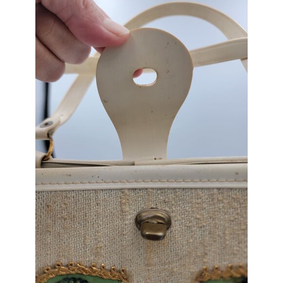 1960s Tote Bag Colins Jeweled Floral Beaded Design Button Closure Wood Bottom - Picture 10 of 16